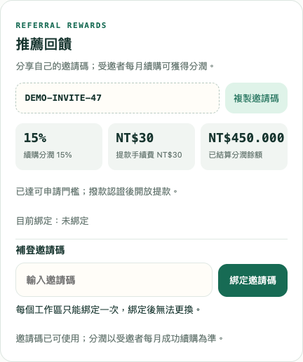 工作區推薦回饋與邀請碼狀態
